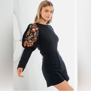 THML Embroidered Rib Knit Long Puff Sleeve Top